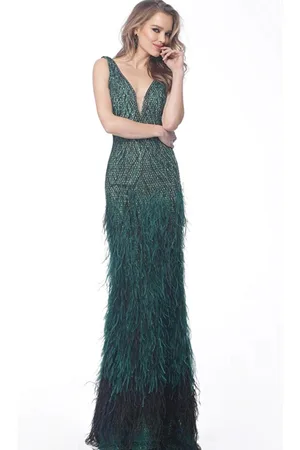 JOVANI 66003 - Beaded Sheath Fringed Long Dress