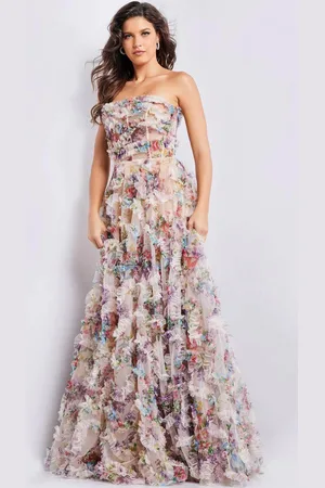 JOVANI 38650 - Floral Print Ruffled A-line Gown