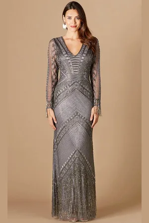Lara Dresses 29364 - Fringe Beaded Long Sleeve Gown