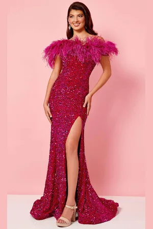 Rachel Allan 70280 - Feathered Off Shoulder Prom Gown