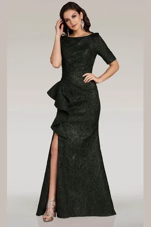 Feriani Couture 18355 - Bateau Cascading Ruffle Evening Gown
