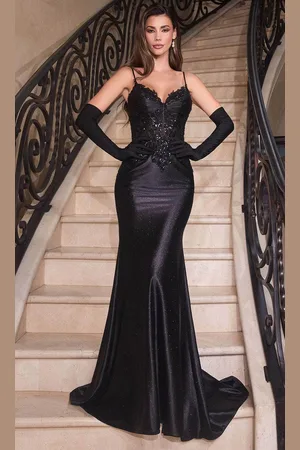Cinderella Divine CDS450 - Lace Appliqued Prom Dress with Beaded Accents