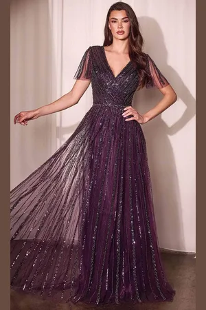 Ladivine CD0241 - Short Sleeve Beaded Evening Gown