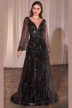 Ladivine CD0240 - Sheer Bishop Sleeve Evening Gown