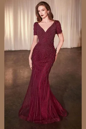 Ladivine CC4019 - Beaded Short Sleeve Evening Gown
