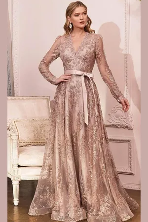 Ladivine CD233 - Embellished Long Sleeve V-neck Gown