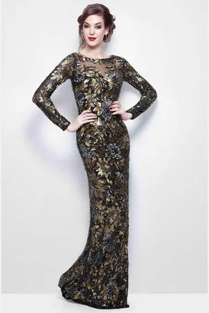 Primavera Couture Long Sleeve Luxurious Floral Sequined Long Sheath Gown 1401