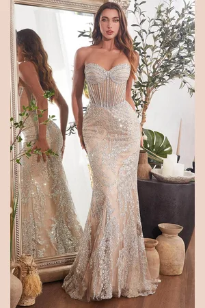 Ladivine CD847 - Rhinestone Embellished Sheer Corset Prom Gown