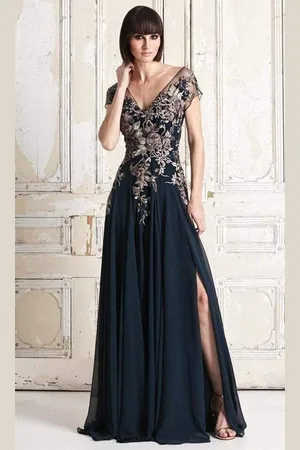 Alexander By Daymor 758 Floral Embroidered Wide V-neck A-line Dress