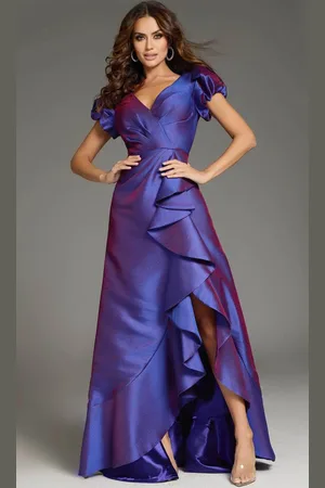 JOVANI 37097 - Short Puff Sleeve Ruffle Prom Gown