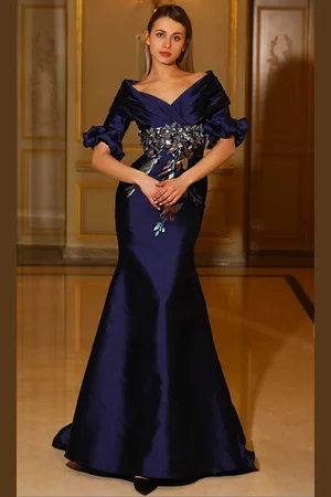 Terani Couture 242M3368 - V-Neck 3/4 Sleeve Evening Gown