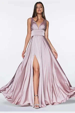 Cinderella Divine 7469 V Neck High Slit Satin Flowy A-Line Dress