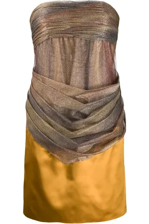 CHANEL Metallic-threading strapless silk dress