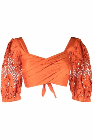 Self-Portrait Lace puff-sleeves crossover cropped top