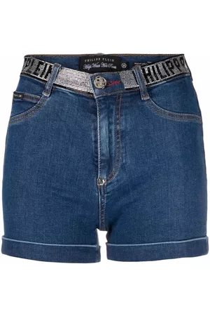 Philipp Plein Rhinestone logo waistband denim shorts