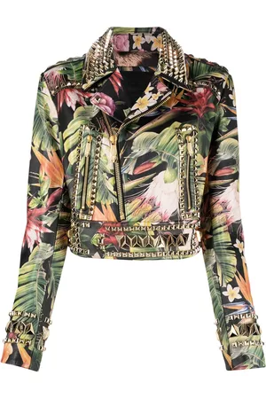 Philipp Plein Floral-print studded biker jacket