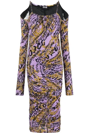 VERSACE All-over logo-print gathered dress
