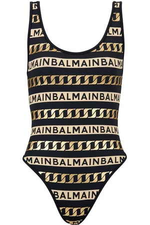 Balmain Striped logo-print swimsuit