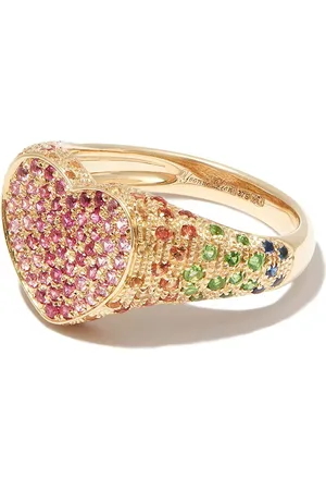 Yvonne Léon 9kt yellow gold enamel diamond heart ring - YELLOW GOLD GREEN