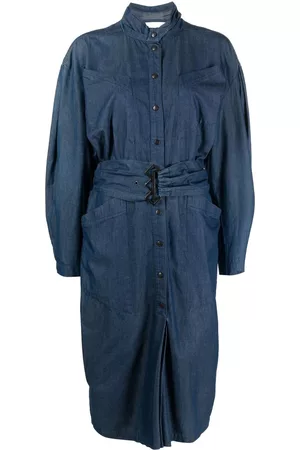 MUGLER Belted denim midi dress