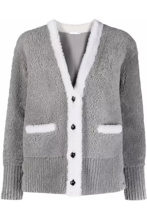 Thom Browne V-neck contrast-trim shearling cardigan jacket