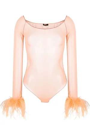 Oseree Feather-trim sheer bodysuit