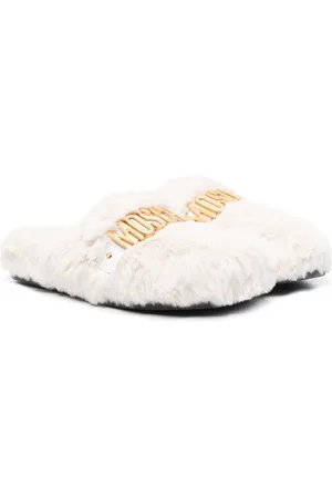 Moschino Girls Slippers - Logo-plaque faux-fur slippers