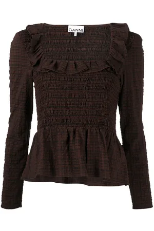 Ganni Smocked seersucker blouse