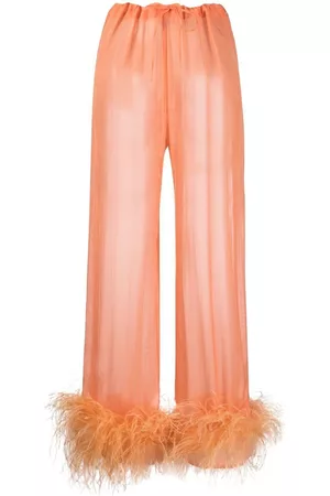 Oseree Sheer feather-trim trousers