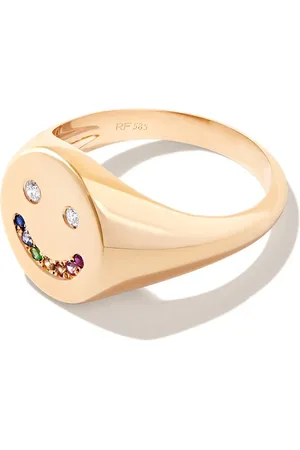 Roxanne First 14kt yellow Smiley diamond and sapphire signet ring
