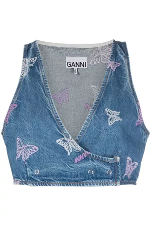 Ganni Embroidered denim crop top