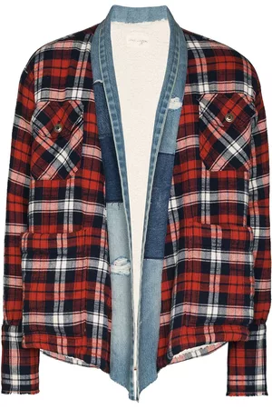 GREG LAUREN Plaid flannel and denim cardigan