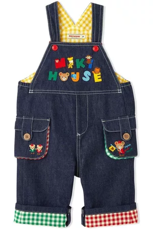 Miki House Embroidered-logo denim short dungarees