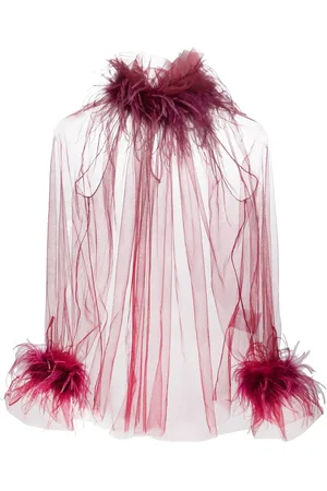Styland Feather-embellished sheer tulle top