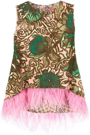 La DoubleJ Painterly-print feather-detail top
