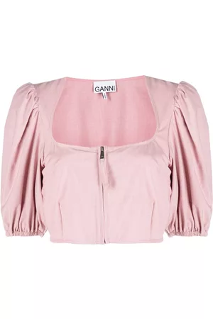 Ganni Cropped puff-sleeve blouse