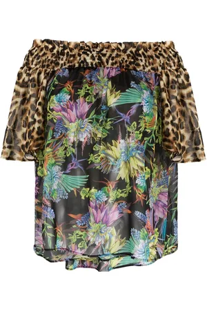Roberto Cavalli Mixed-print off-shoulder blouse