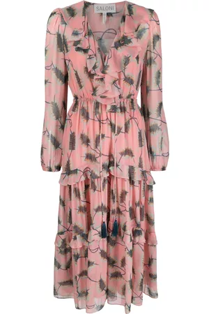 SALONI Feather-print pleated dress