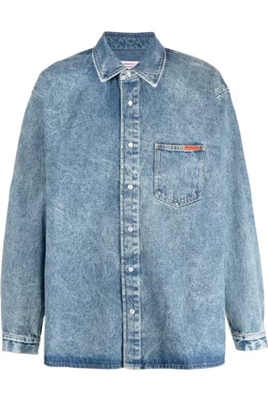 MARTINE ROSE Logo-tab marble-washed denim shirt