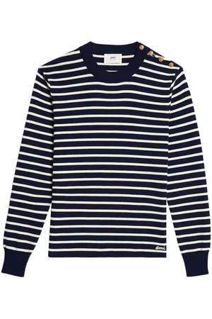 Ami Striped button-shoulder merino jumper