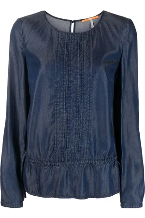 HUGO BOSS Denim ruffle-hem long-sleeve top