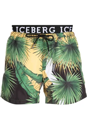 Iceberg Men Swim Shorts - Leaf-print logo-waistband swim shorts