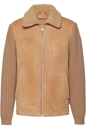 Prada Men Leather Jackets - Logo-patch shearling zip-up jacket