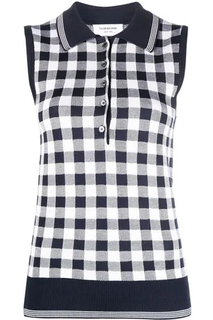 Thom Browne Gingham-jacquard sleeveless polo top