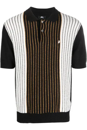 STUSSY Stripe-pattern logo-embroidered polo shirt