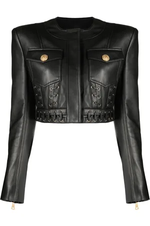 Balmain Eyelet-embellished cropped leather jacket