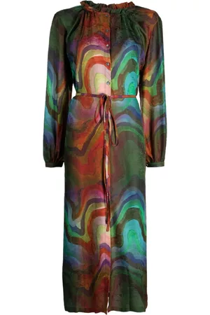RAQUEL ALLEGRA Wave pattern frilled-neckline silk dress