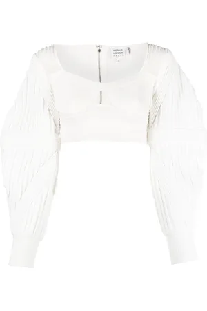 Hervé Léger Puff-sleeve pleated cropped blouse