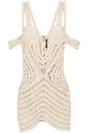 Balmain Off shoulder macrame knit dress