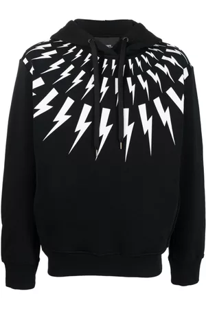 Neil Barrett Men Sweatshirts - Thunder-print drawstring cotton hoodie